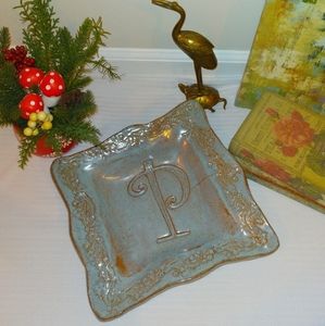 Teal colored handmade letter p monogram'd scallop'd dish/decorative Pottery tray